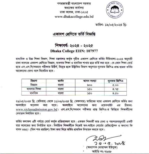 dhaka college admission circular notice